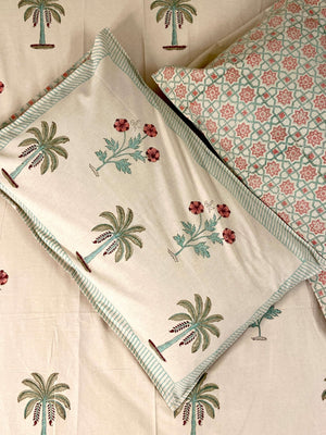 Beige Palm Floral Hand Block Cotton Queen Bedsheet - Nakhrro