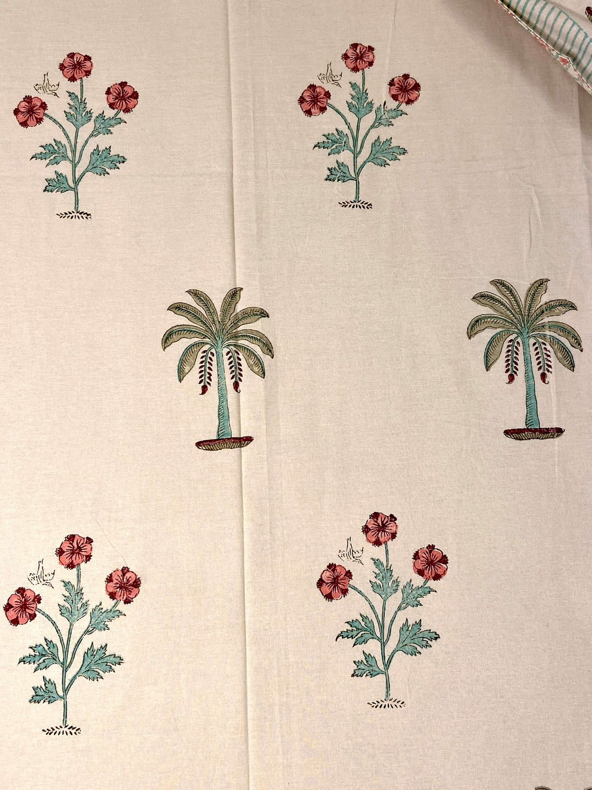 Beige Palm Floral Hand Block Cotton Queen Bedsheet - Nakhrro