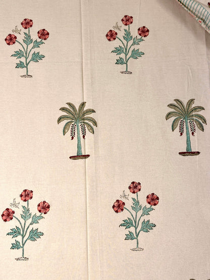 Beige Palm Floral Hand Block Cotton Queen Bedsheet - Nakhrro