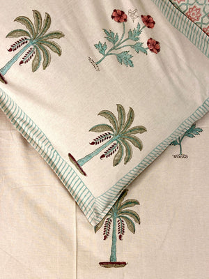 Beige Palm Floral Hand Block Cotton Queen Bedsheet - Nakhrro
