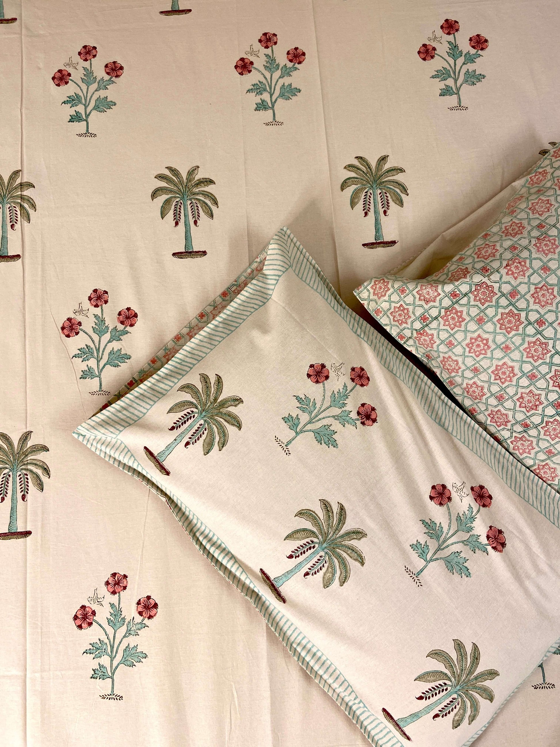 Beige Palm Floral Hand Block Cotton Queen Bedsheet - Nakhrro