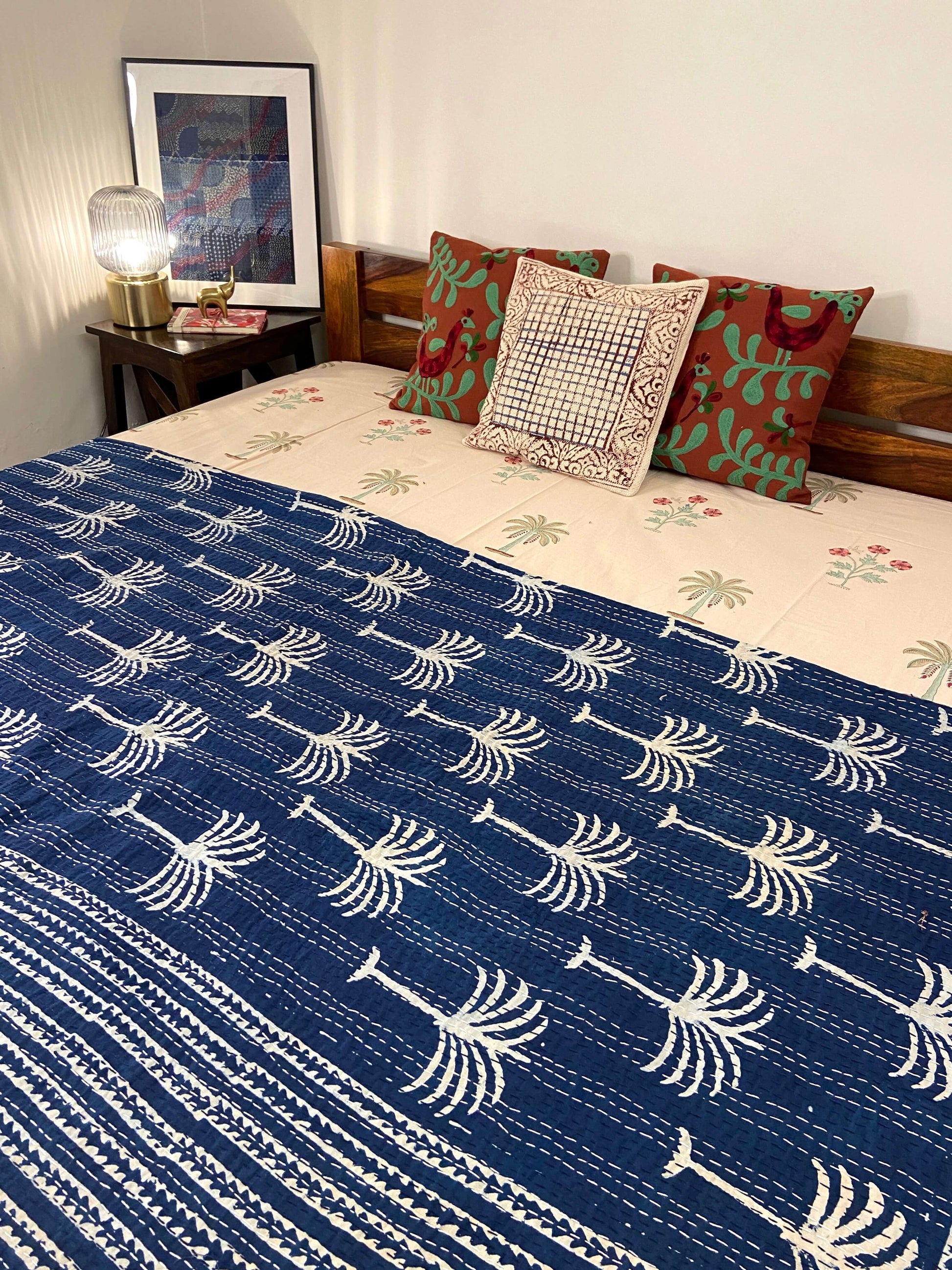 Indigo Palm Tree Hand Block Print Double Bed Queen Hand Embroidered Dohar - Nakhrro