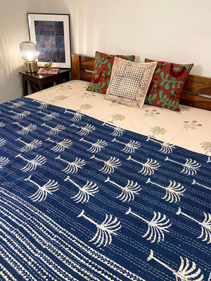 Indigo Palm Tree Hand Block Print Double Bed Queen Hand Embroidered Dohar - Nakhrro