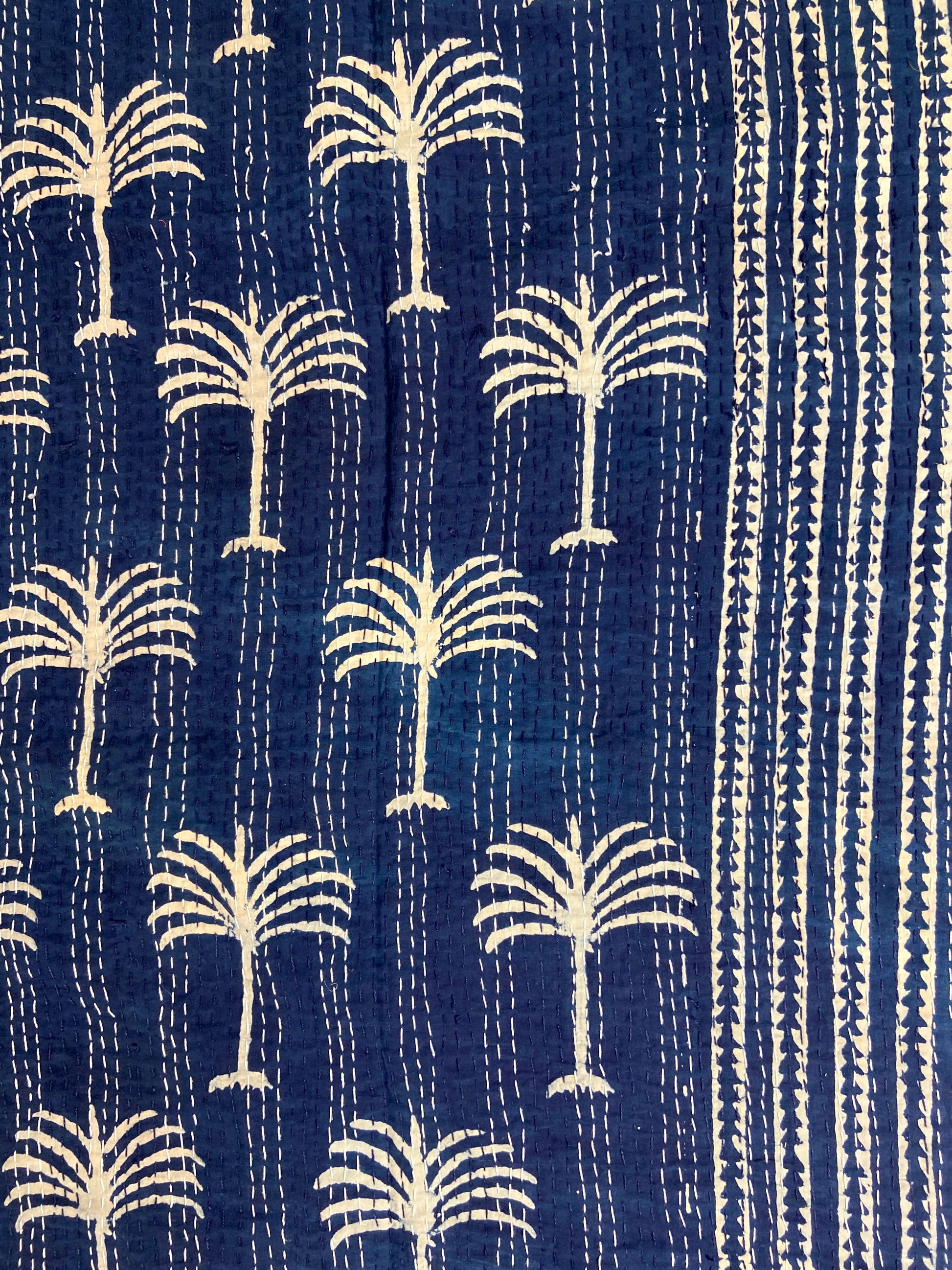 Indigo Palm Tree Hand Block Print Double Bed Queen Hand Embroidered Dohar - Nakhrro