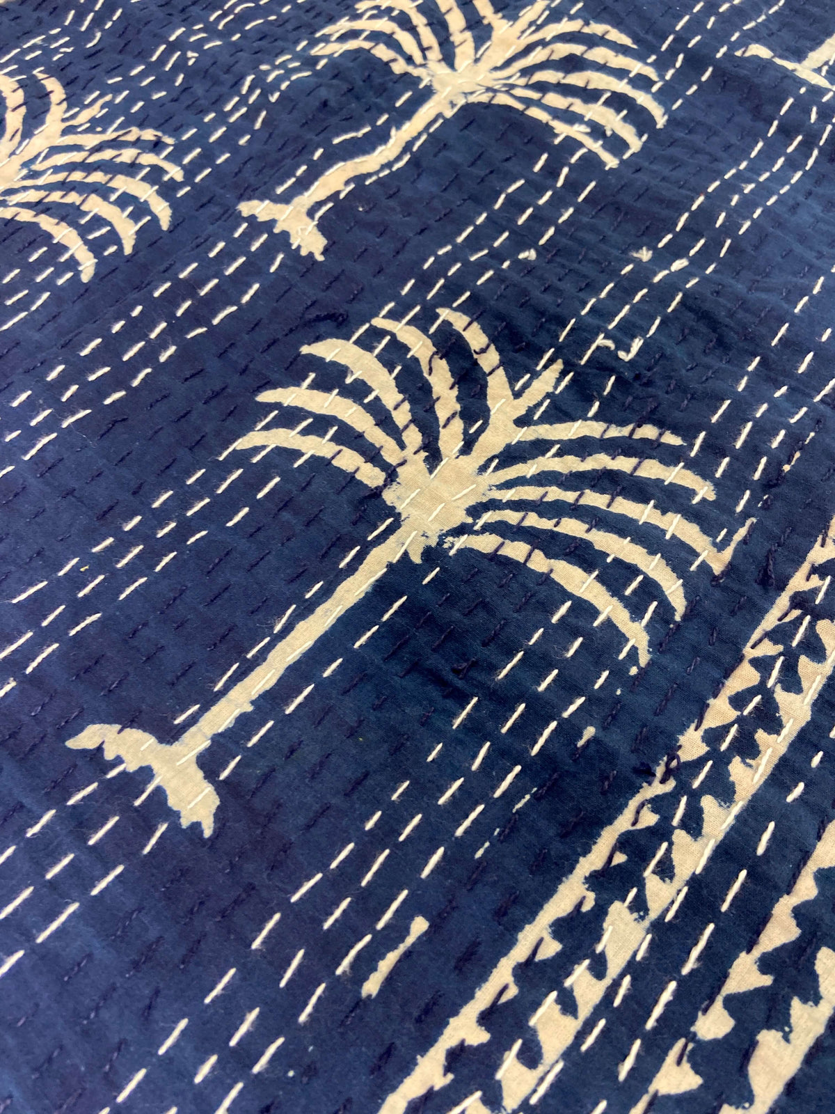 Indigo Palm Tree Hand Block Print Double Bed Queen Hand Embroidered Dohar - Nakhrro