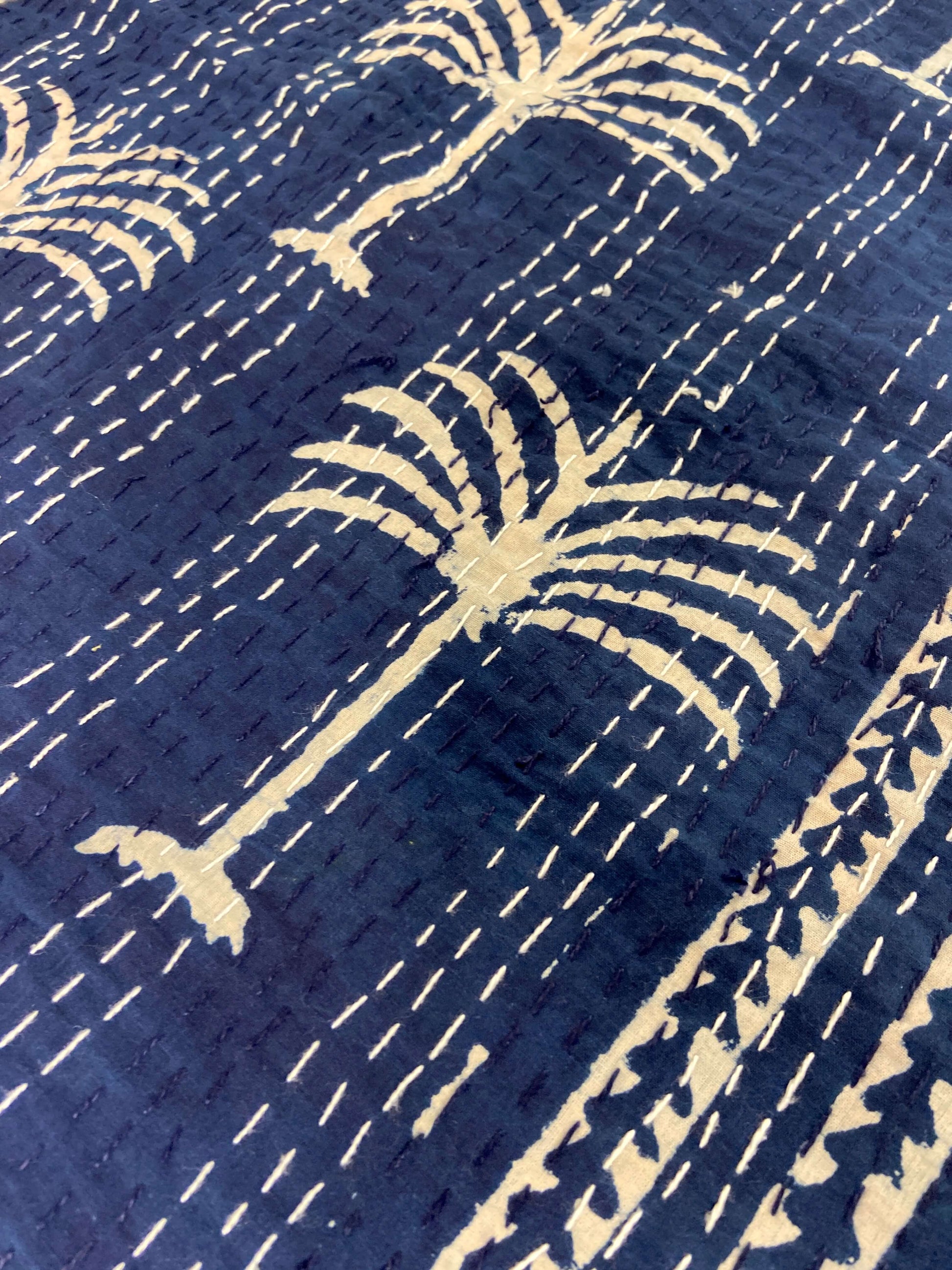 Indigo Palm Tree Hand Block Print Double Bed Queen Hand Embroidered Dohar - Nakhrro