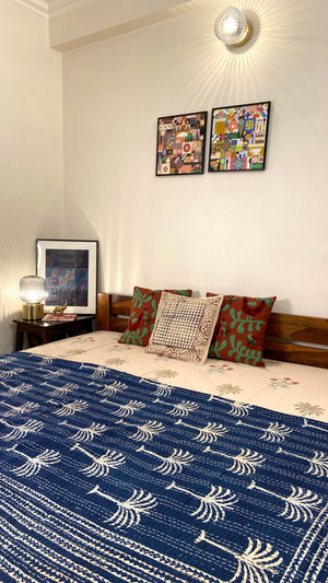 Indigo Palm Tree Hand Block Print Double Bed Queen Hand Embroidered Dohar - Nakhrro