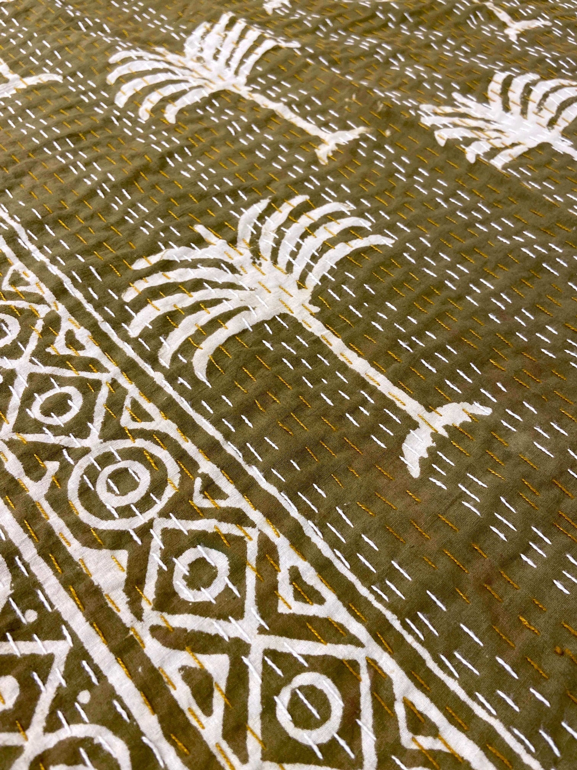 Camel Brown Palm Tree Hand Block Print Double Bed Queen Hand Embroidered Dohar - Nakhrro