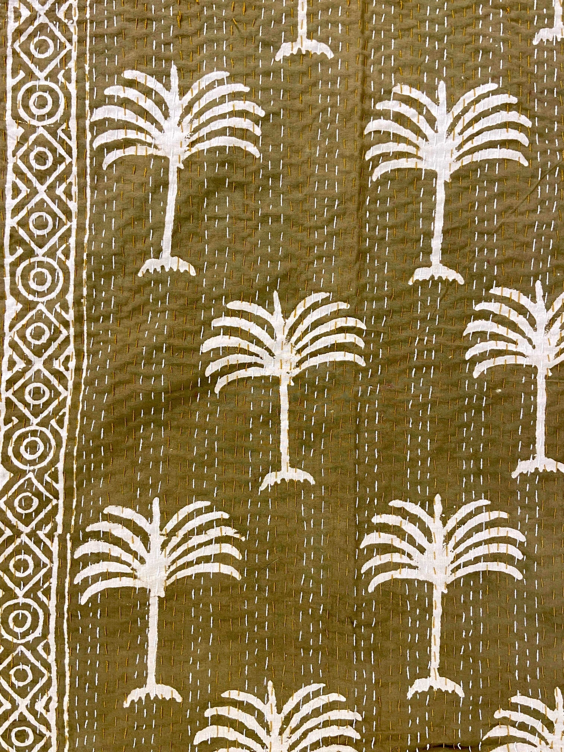 Camel Brown Palm Tree Hand Block Print Double Bed Queen Hand Embroidered Dohar - Nakhrro