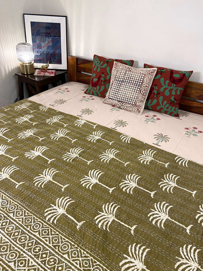 Camel Brown Palm Tree Hand Block Print Double Bed Queen Hand Embroidered Dohar - Nakhrro