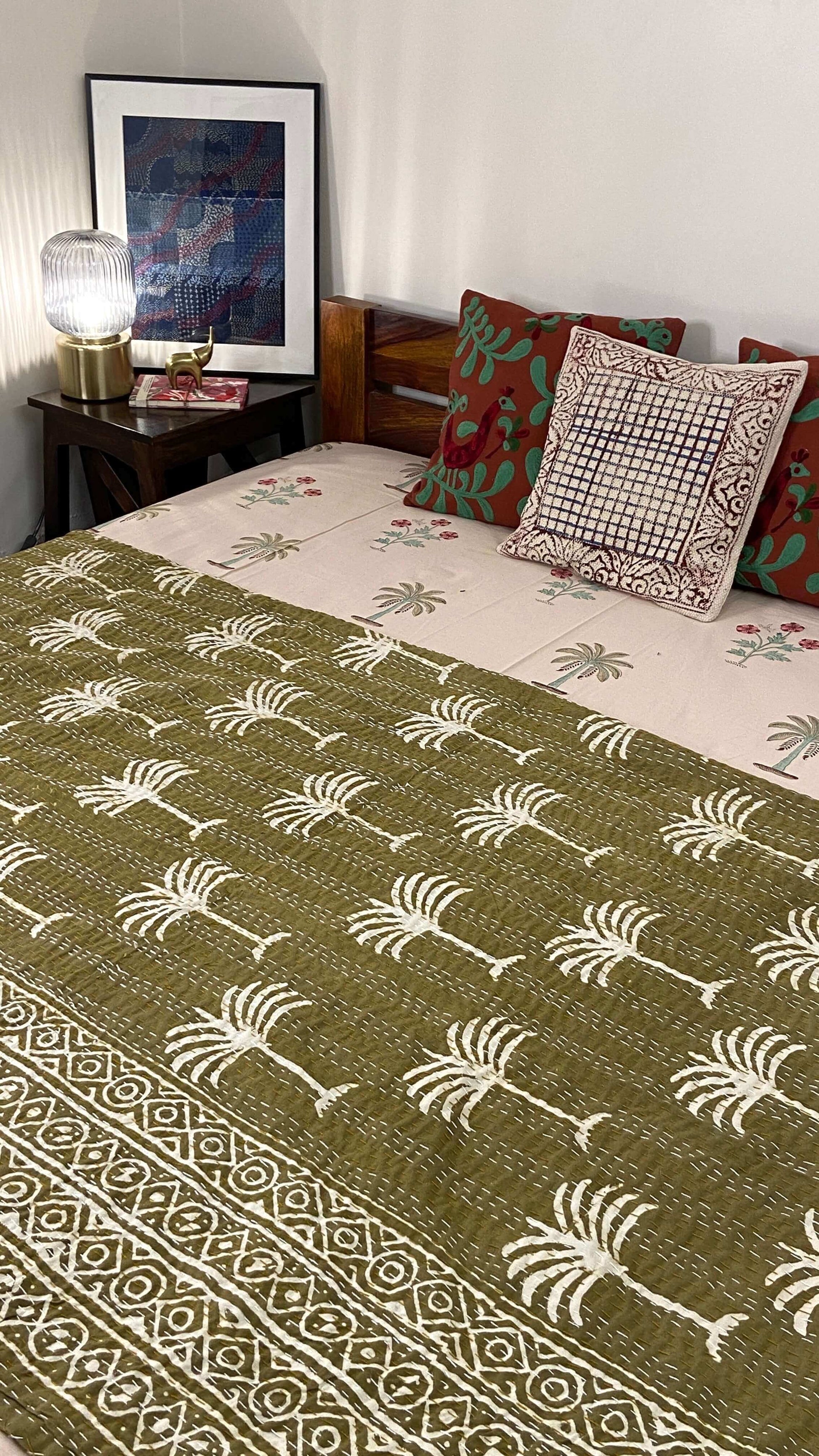 Camel Brown Palm Tree Hand Block Print Double Bed Queen Hand Embroidered Dohar - Nakhrro