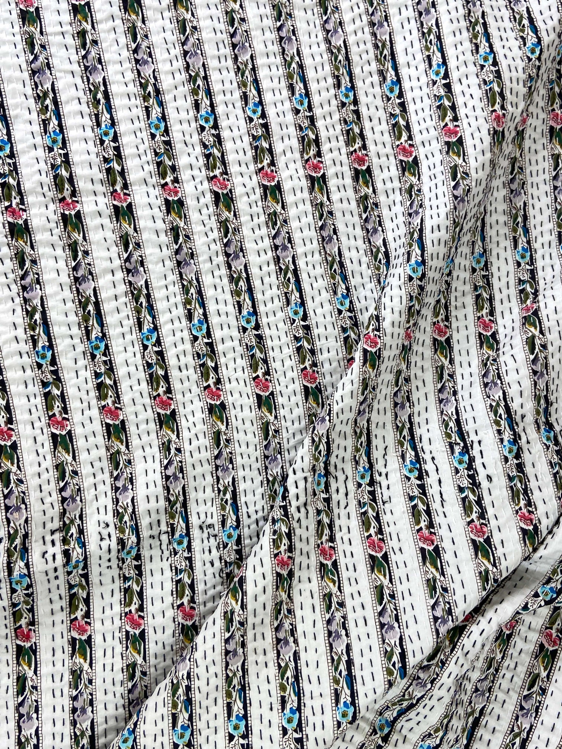 Black Floral Striped Double Bed Queen Hand Embroidered Dohar - Nakhrro