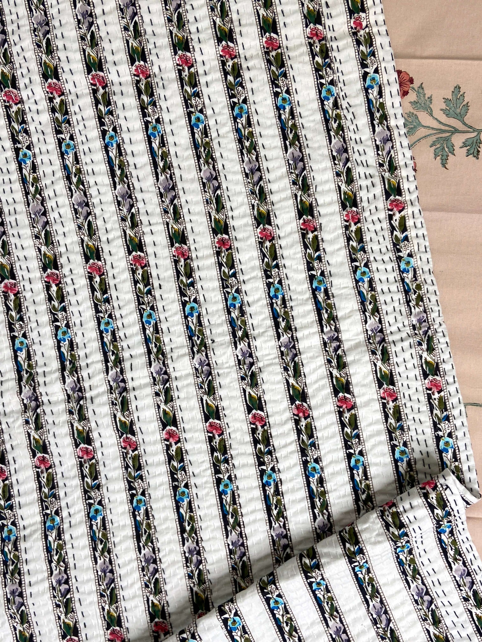 Black Floral Striped Double Bed Queen Hand Embroidered Dohar - Nakhrro