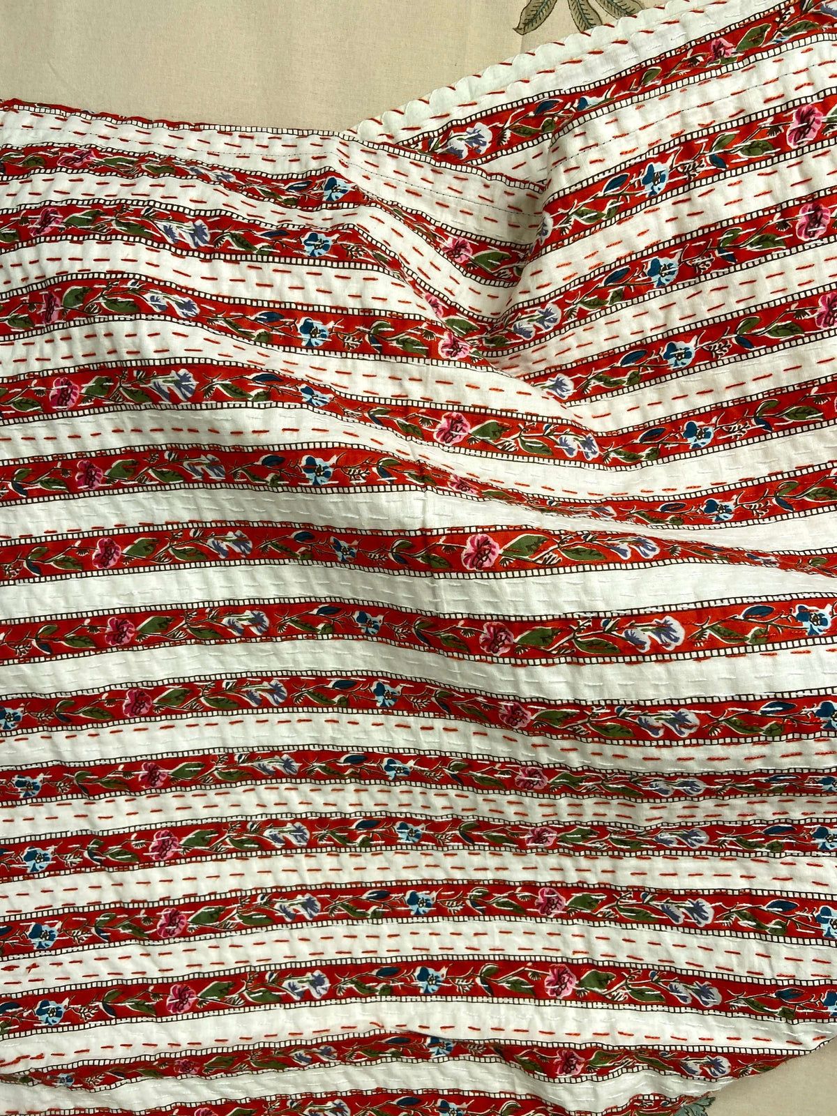 Red Floral Striped Embroidered Queen Size Kantha Bedspread - Nakhrro