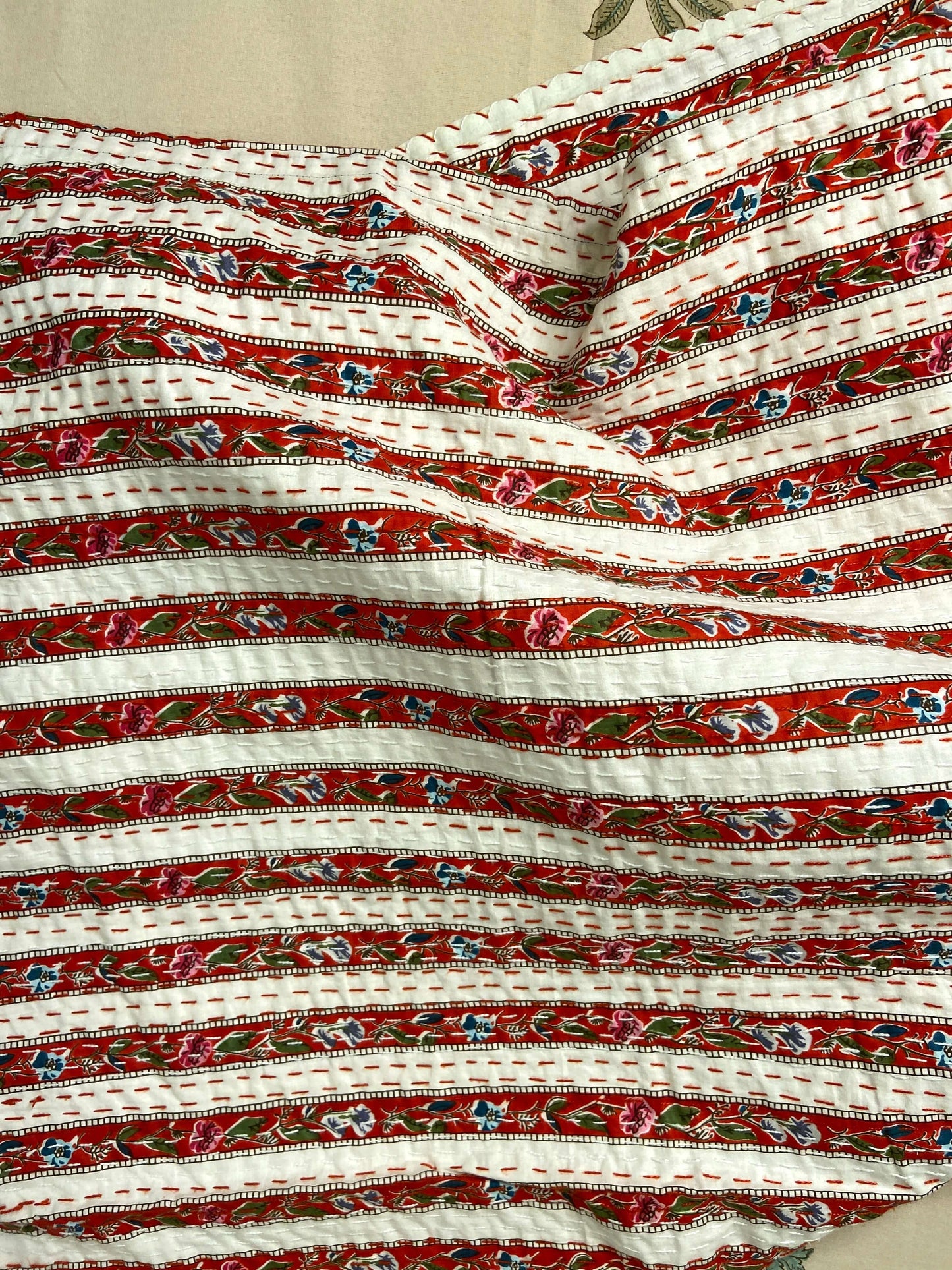 Red Floral Striped Embroidered Queen Size Kantha Bedspread - Nakhrro