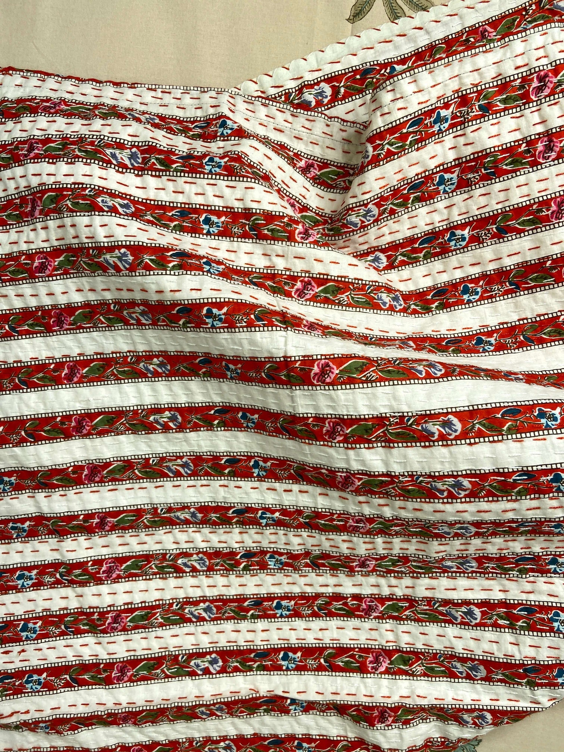 Red Floral Striped Embroidered Queen Size Kantha Bedspread - Nakhrro