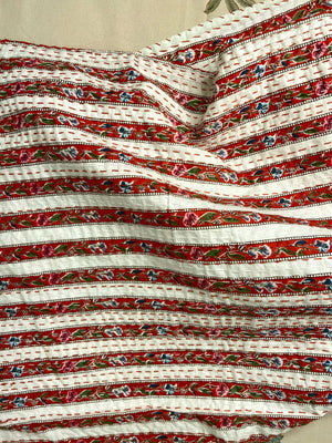 Red Floral Striped Embroidered Queen Size Kantha Bedspread - Nakhrro