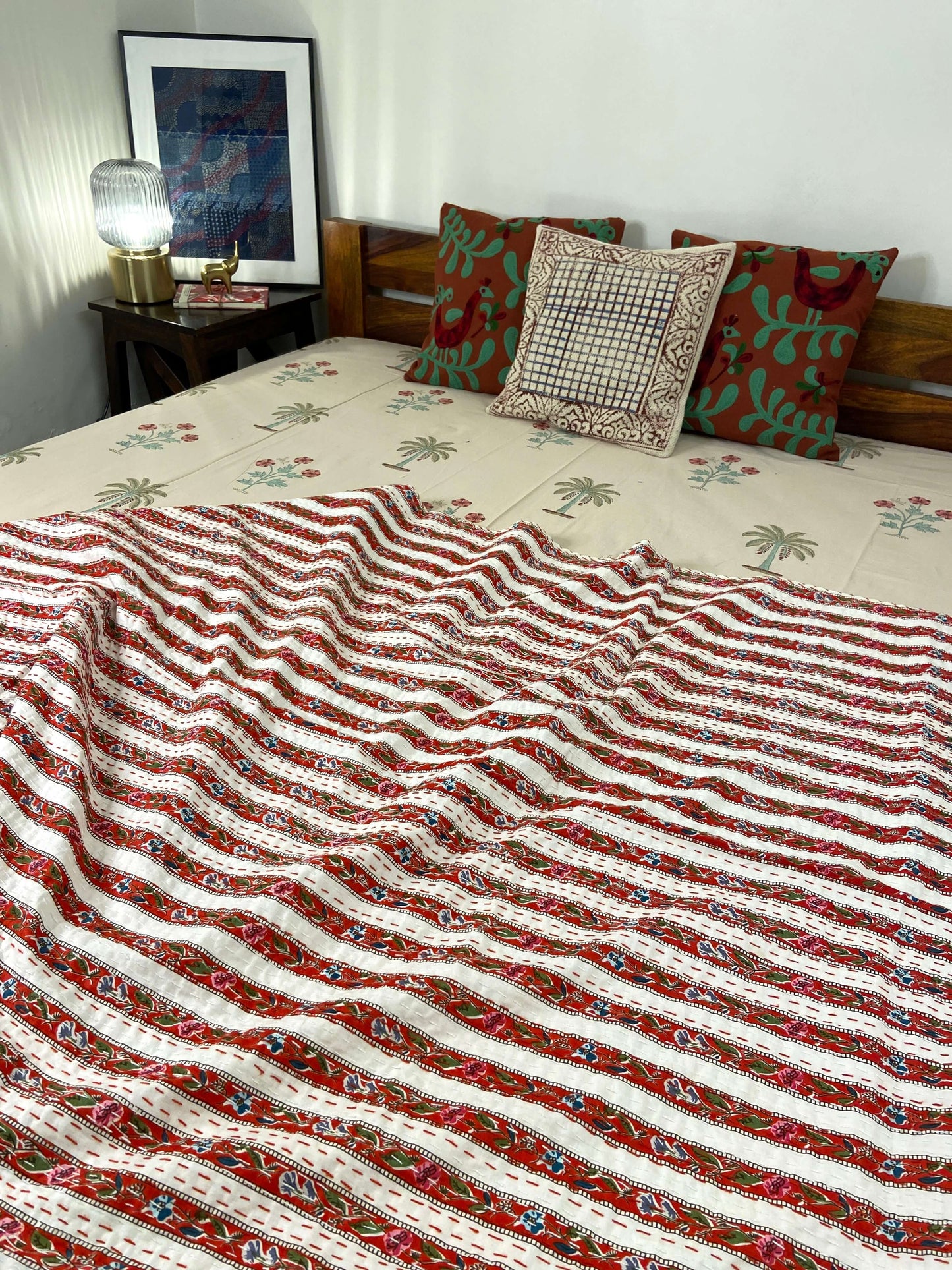 Red Floral Striped Embroidered Queen Size Kantha Bedspread - Nakhrro