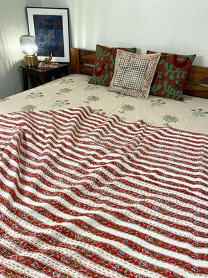 Red Floral Striped Embroidered Queen Size Kantha Bedspread - Nakhrro