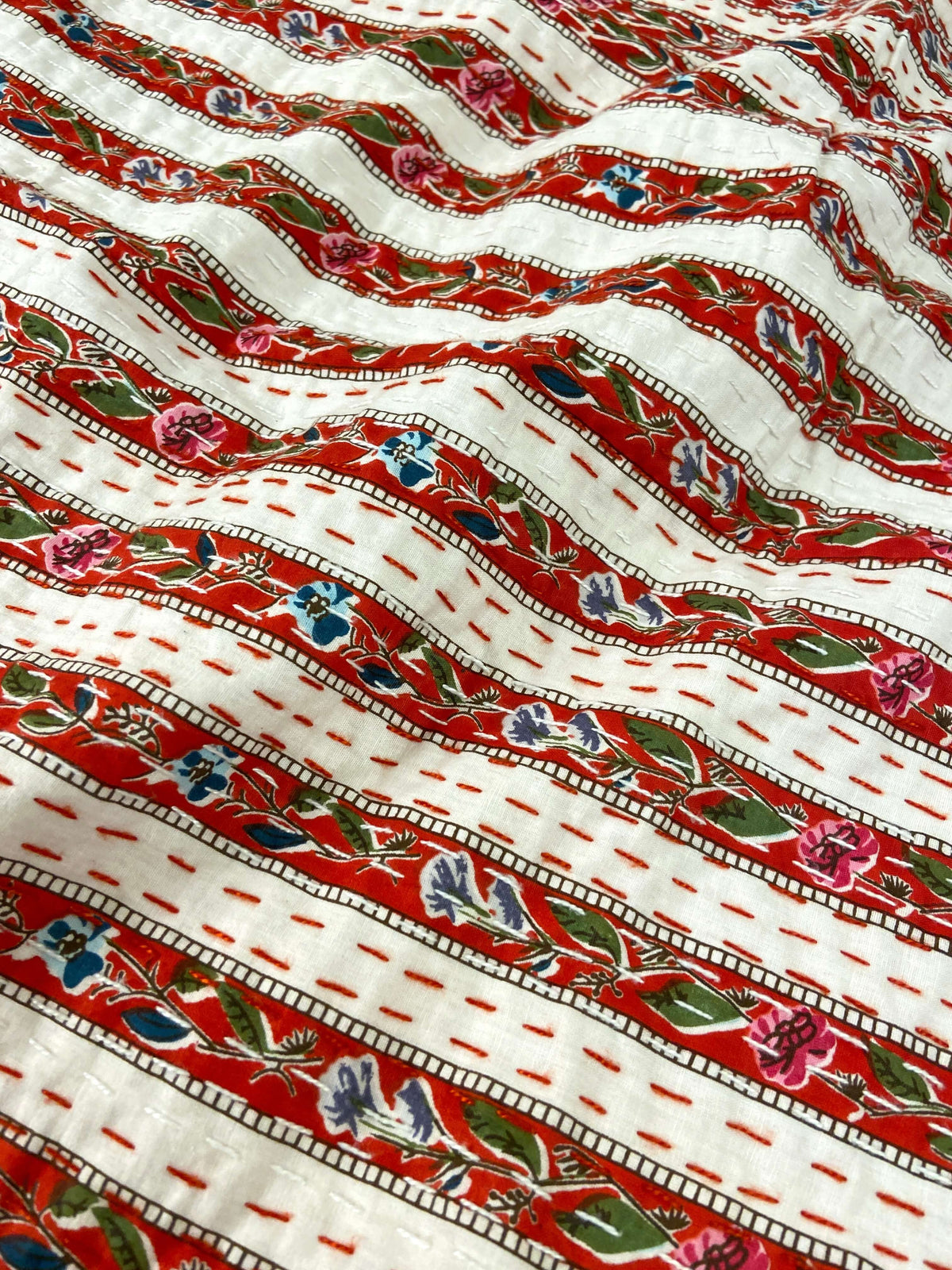 Red Floral Striped Embroidered Queen Size Kantha Bedspread - Nakhrro