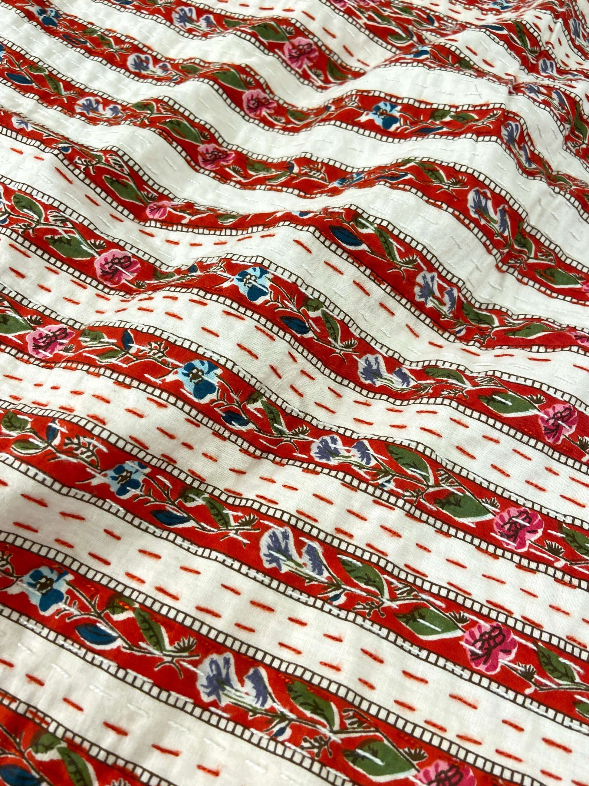 Red Floral Striped Embroidered Queen Size Kantha Bedspread - Nakhrro