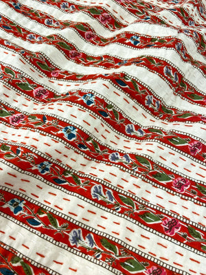 Red Floral Striped Embroidered Queen Size Kantha Bedspread - Nakhrro