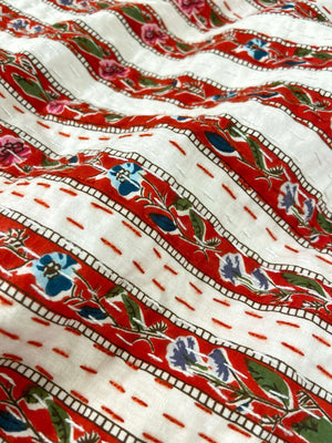 Red Floral Striped Embroidered Queen Size Kantha Bedspread - Nakhrro