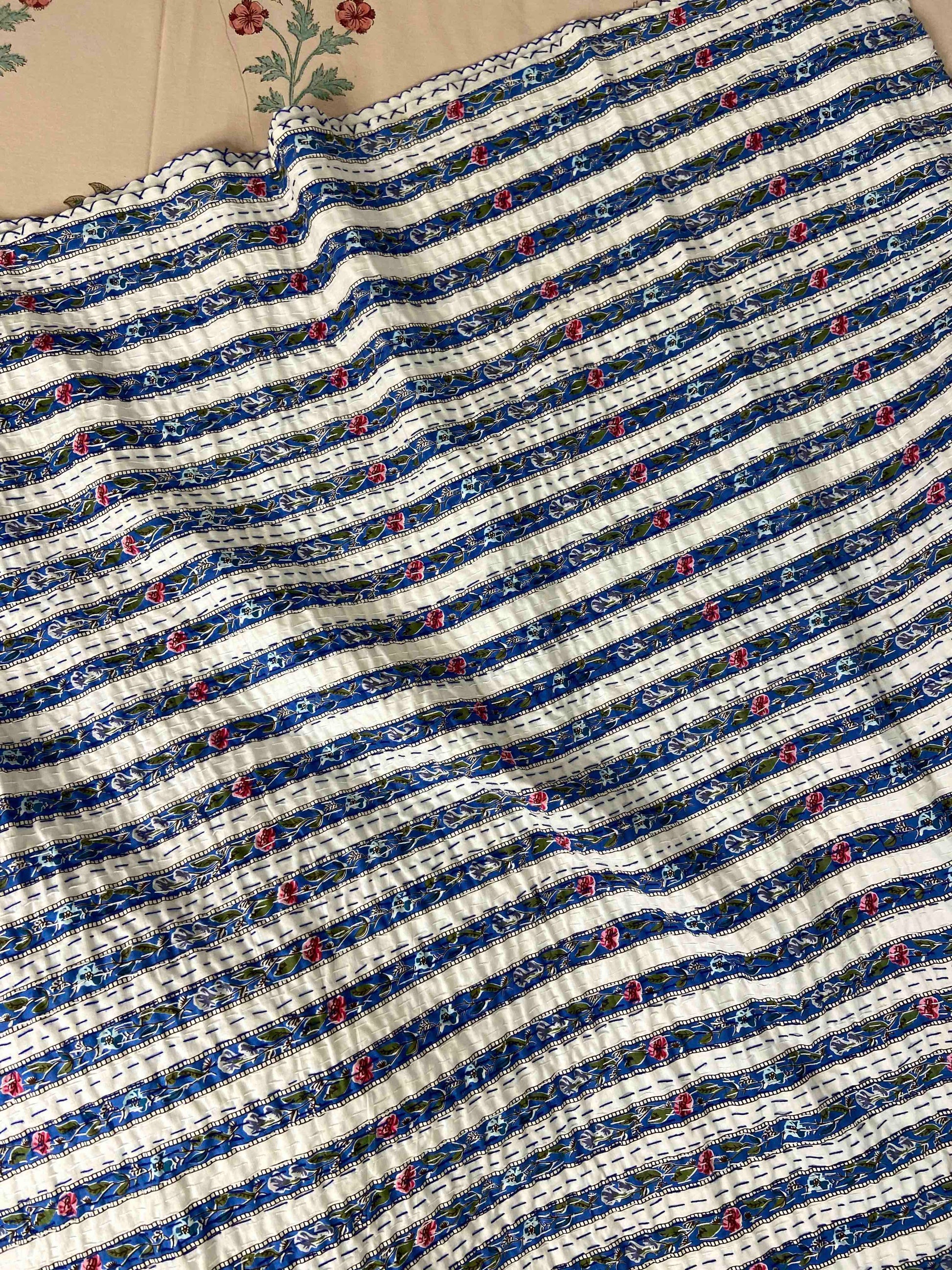 Blue Floral Striped Embroidered Queen Size Kantha Bedspread - Nakhrro