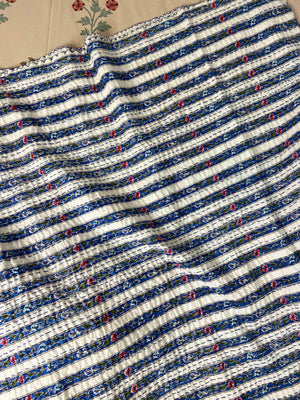 Blue Floral Striped Embroidered Queen Size Kantha Bedspread - Nakhrro