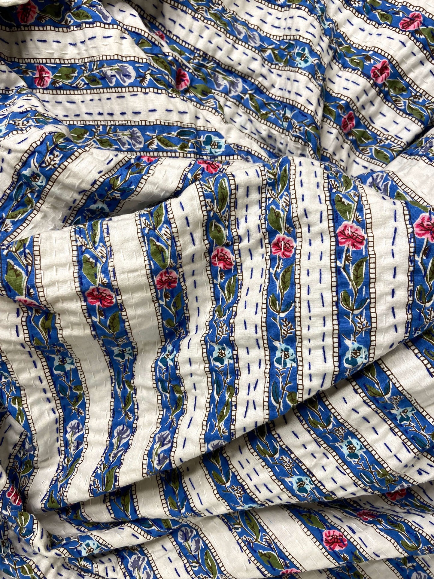 Blue Floral Striped Embroidered Queen Size Kantha Bedspread - Nakhrro