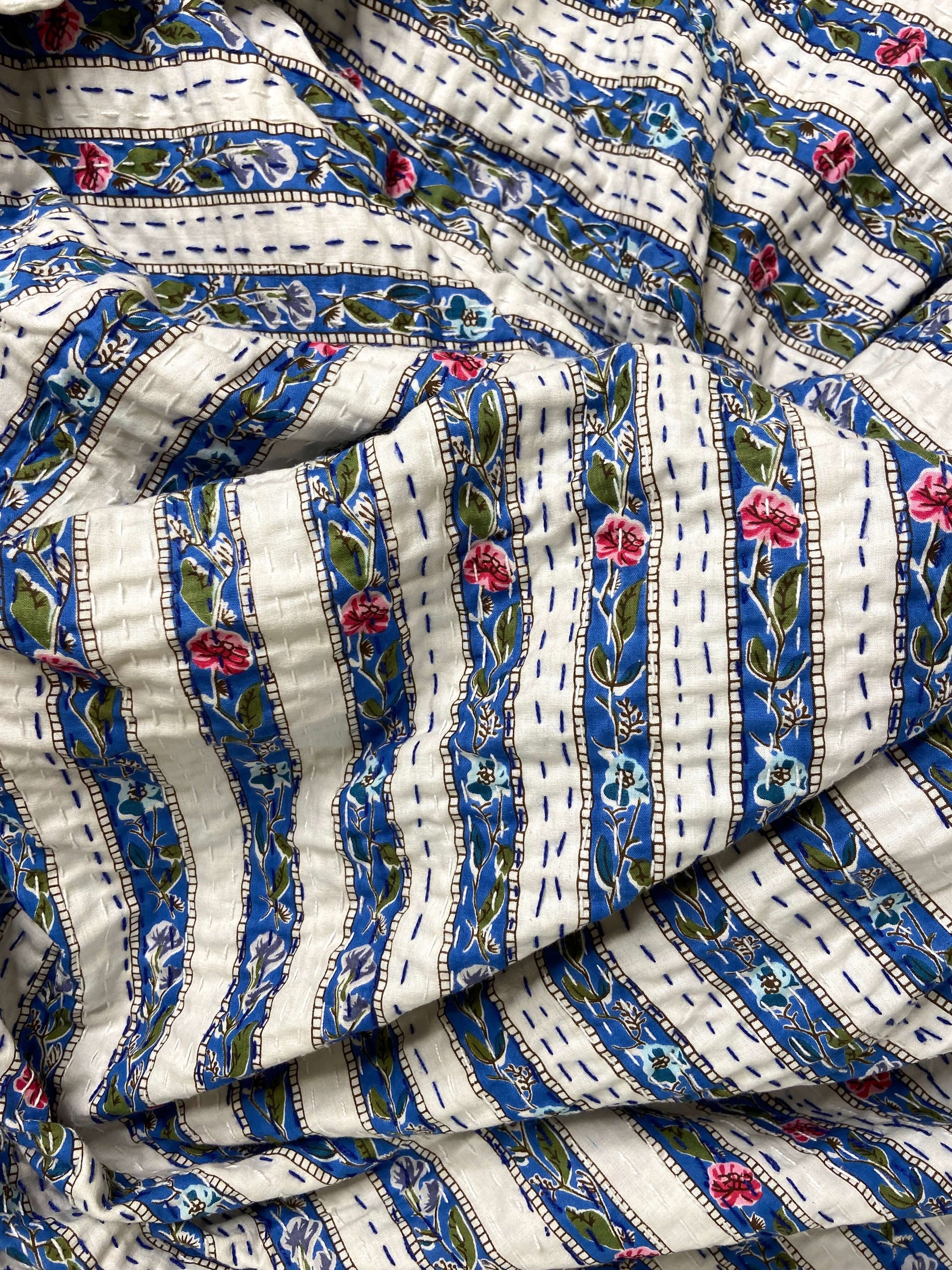Blue Floral Striped Embroidered Queen Size Kantha Bedspread - Nakhrro
