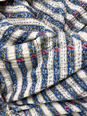 Blue Floral Striped Embroidered Queen Size Kantha Bedspread - Nakhrro