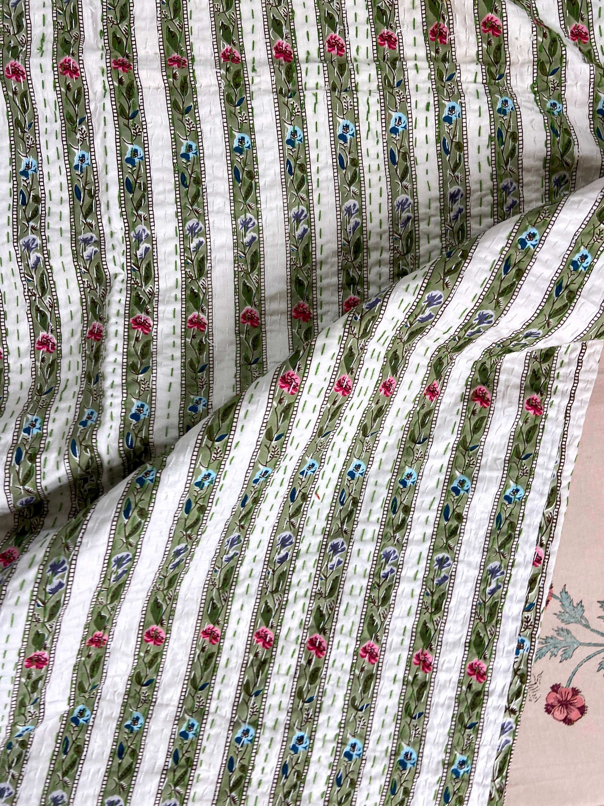 Sage Green Floral Striped Embroidered Queen Size Kantha Bedspread - Nakhrro