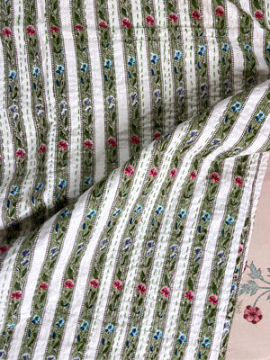 Sage Green Floral Striped Embroidered Queen Size Kantha Bedspread - Nakhrro