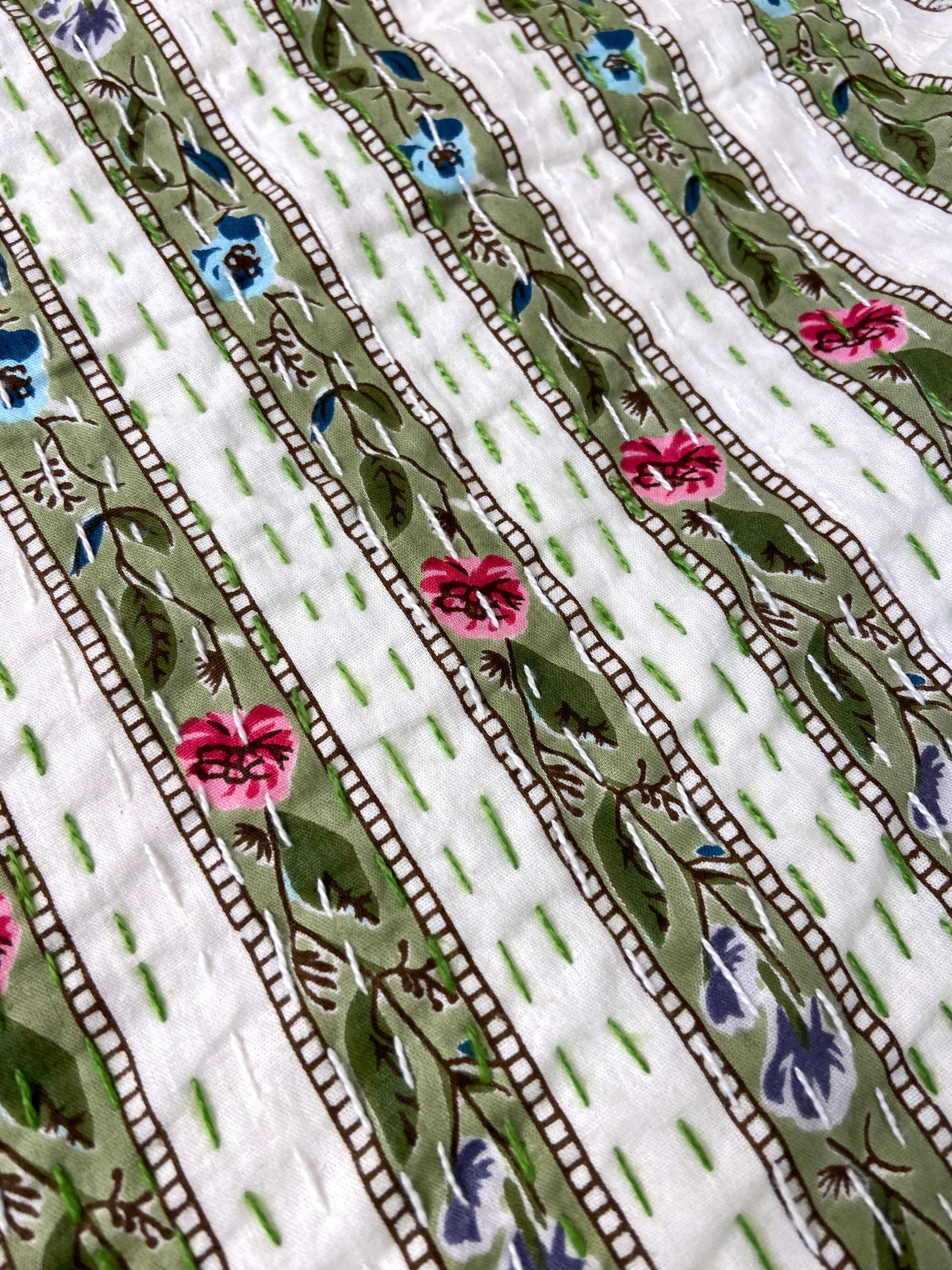 Sage Green Floral Striped Embroidered Queen Size Kantha Bedspread - Nakhrro