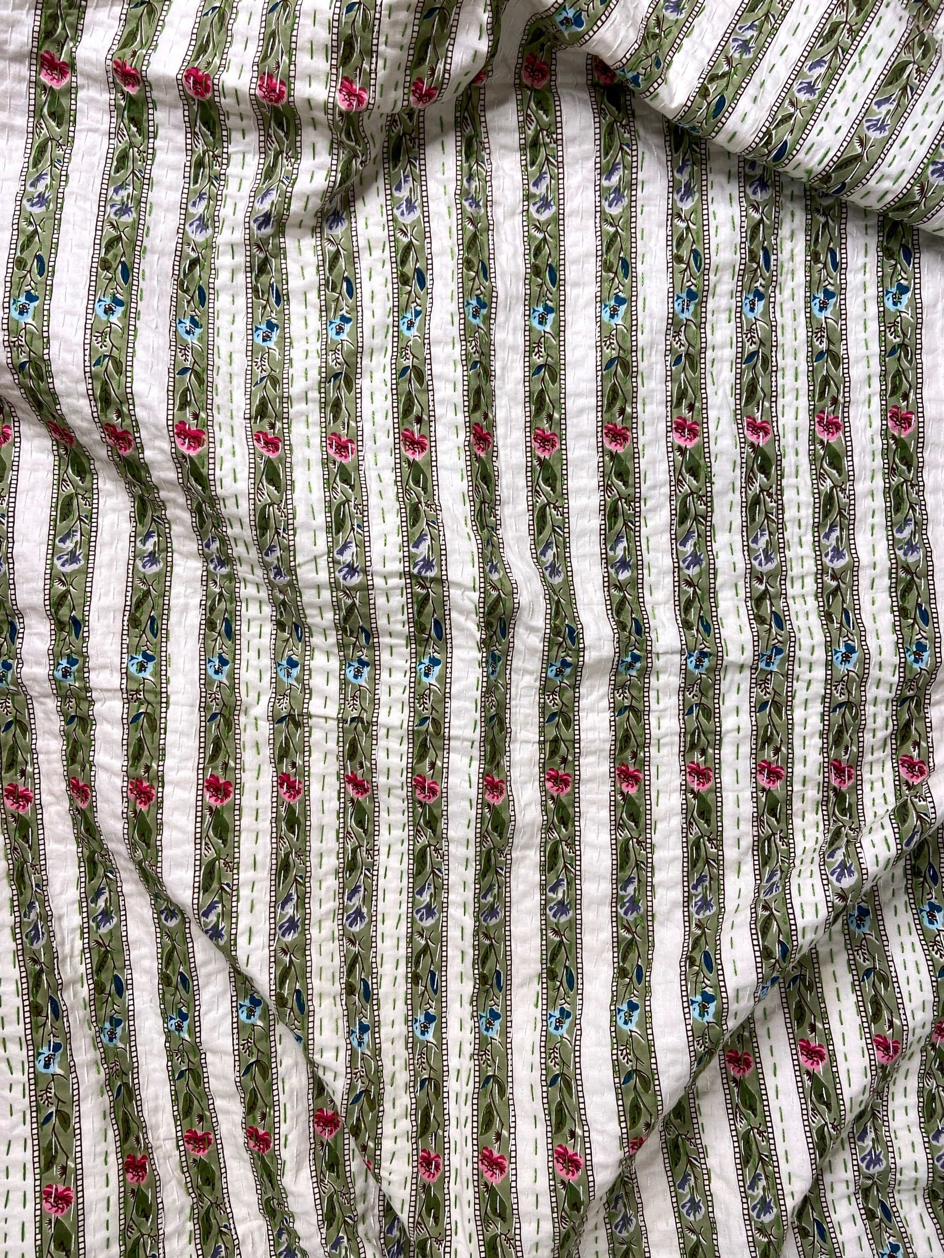 Sage Green Floral Striped Embroidered Queen Size Kantha Bedspread - Nakhrro