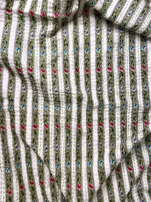 Sage Green Floral Striped Embroidered Queen Size Kantha Bedspread - Nakhrro