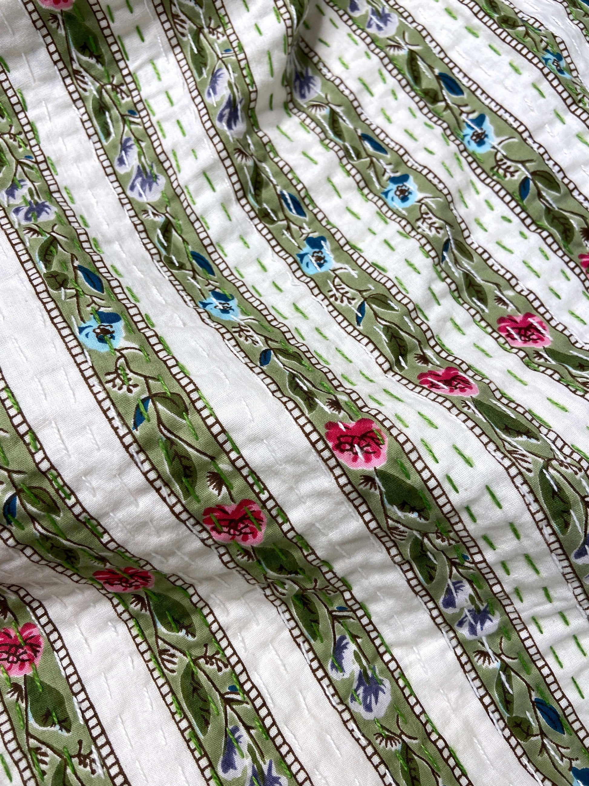 Sage Green Floral Striped Embroidered Queen Size Kantha Bedspread - Nakhrro