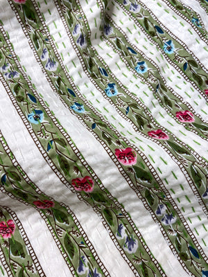 Sage Green Floral Striped Embroidered Queen Size Kantha Bedspread - Nakhrro