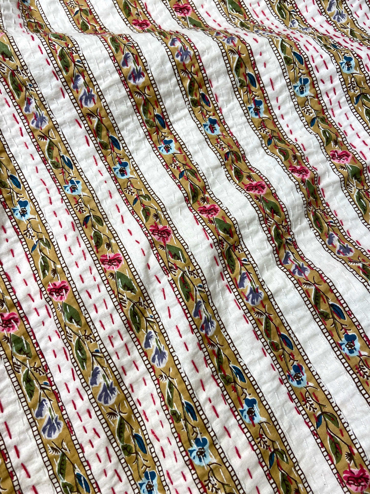 Beige Floral Striped Embroidered Queen Size Kantha Bedspread - Nakhrro