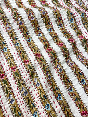 Beige Floral Striped Embroidered Queen Size Kantha Bedspread - Nakhrro