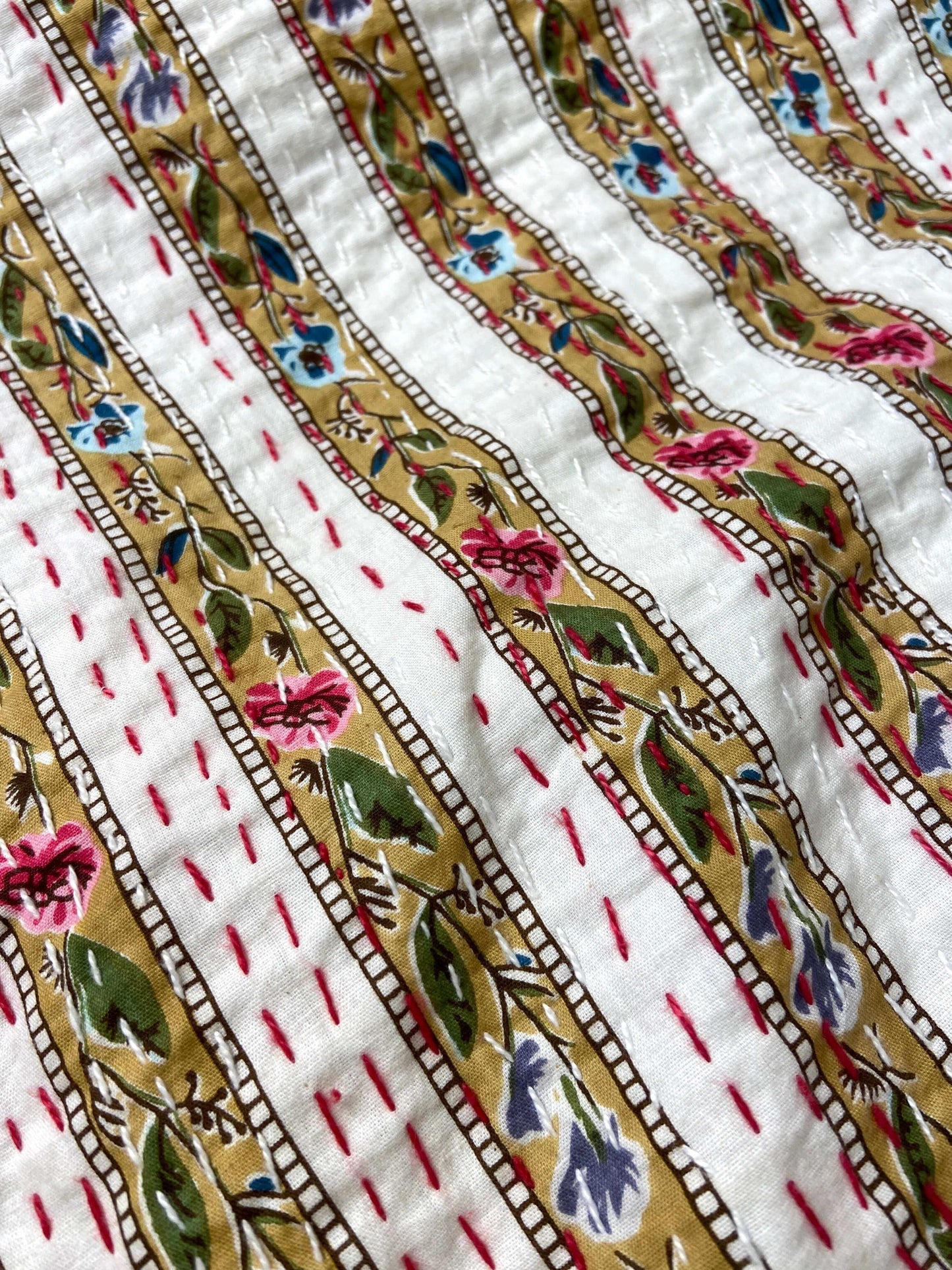 Beige Floral Striped Embroidered Queen Size Kantha Bedspread - Nakhrro