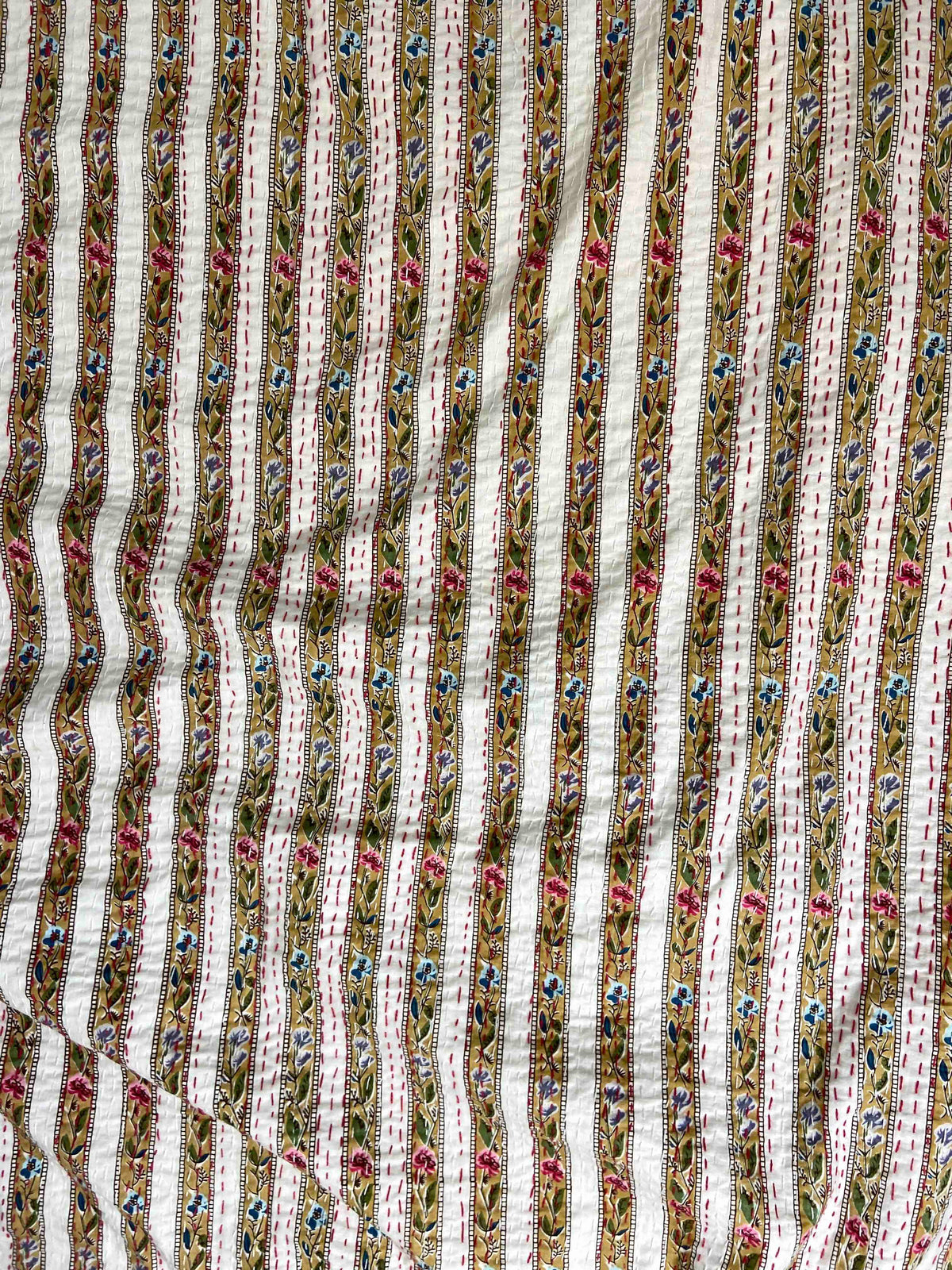 Beige Floral Striped Embroidered Queen Size Kantha Bedspread - Nakhrro
