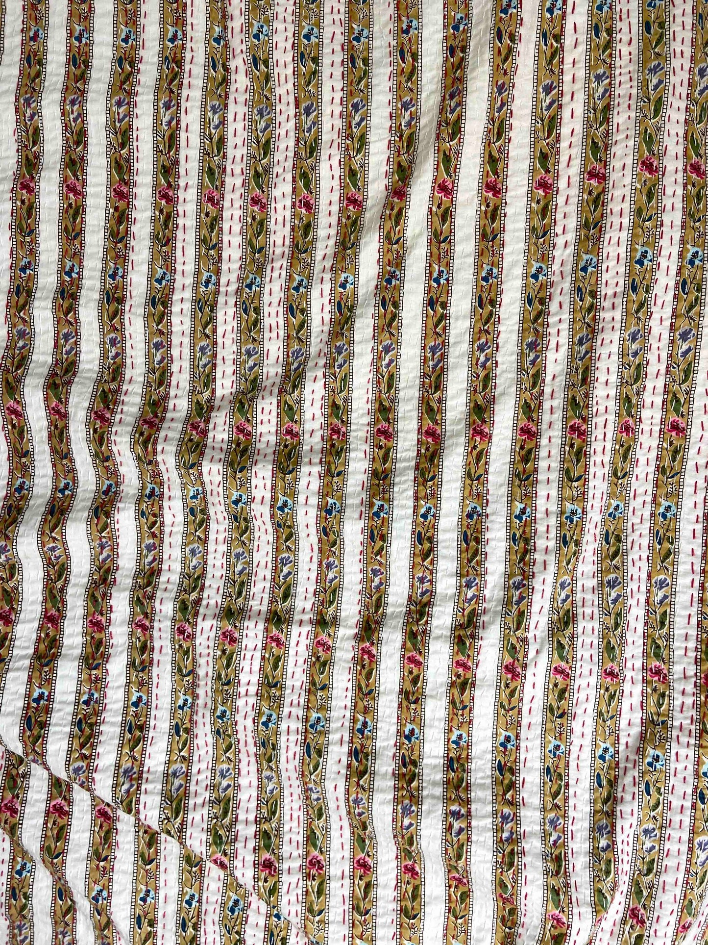 Beige Floral Striped Embroidered Queen Size Kantha Bedspread - Nakhrro