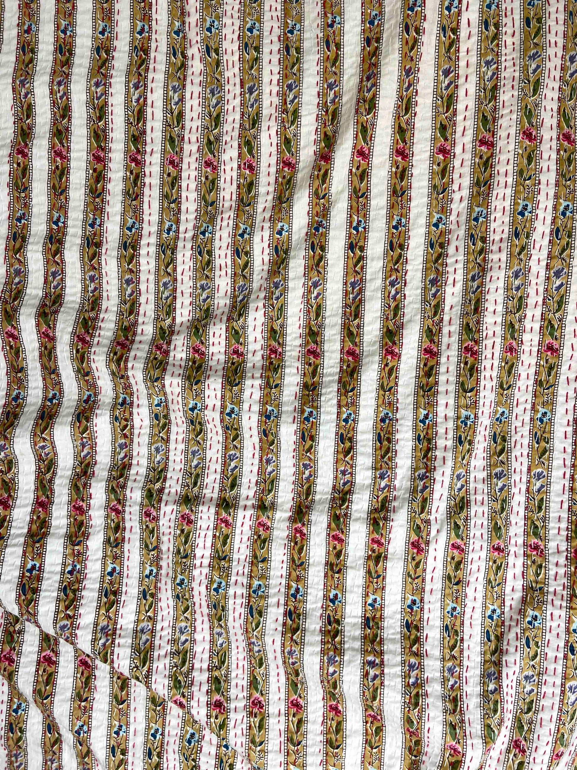 Beige Floral Striped Embroidered Queen Size Kantha Bedspread - Nakhrro