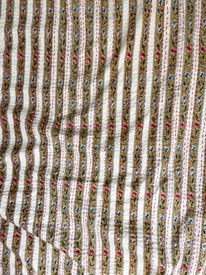 Beige Floral Striped Embroidered Queen Size Kantha Bedspread - Nakhrro