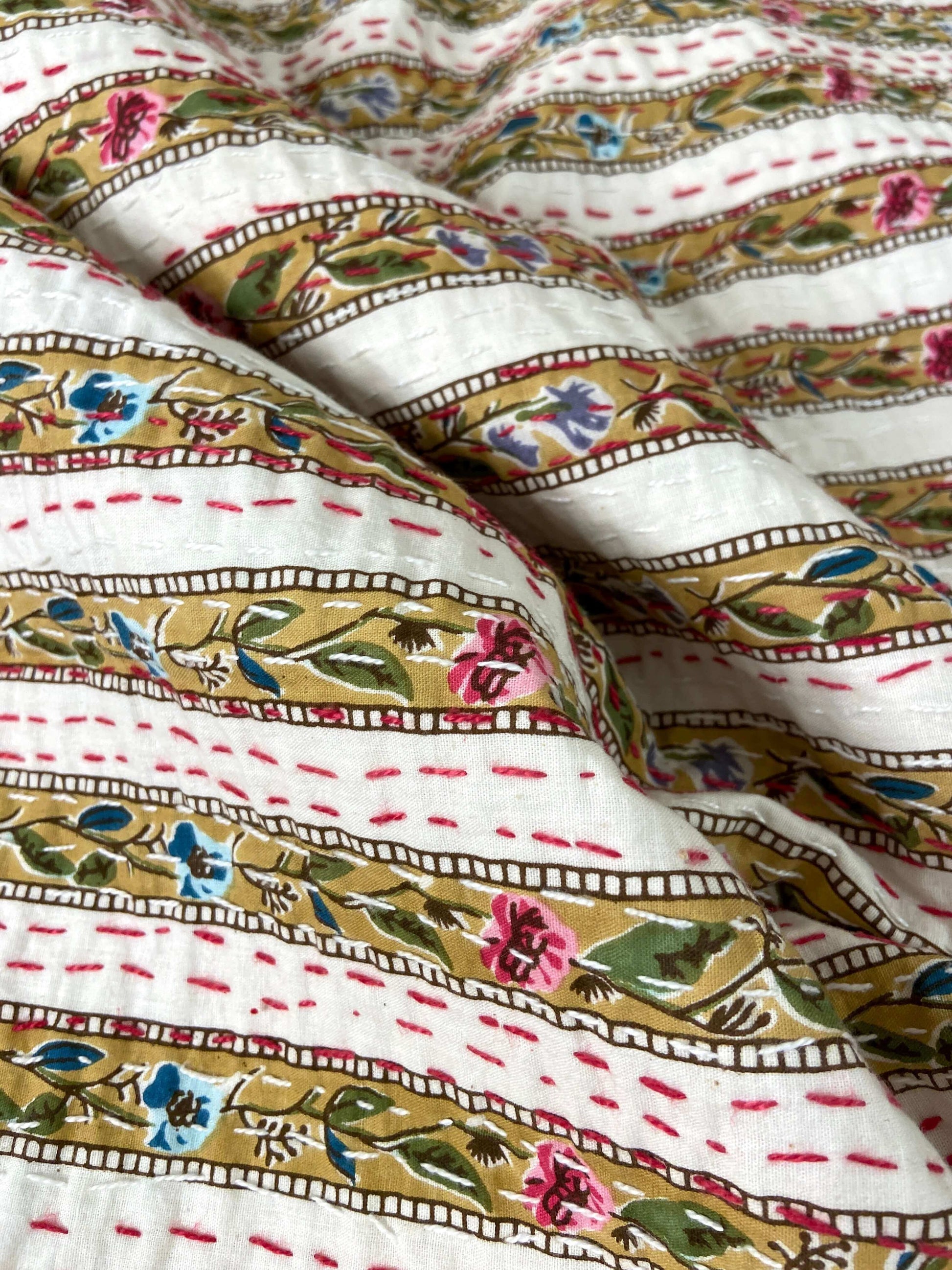 Beige Floral Striped Embroidered Queen Size Kantha Bedspread - Nakhrro