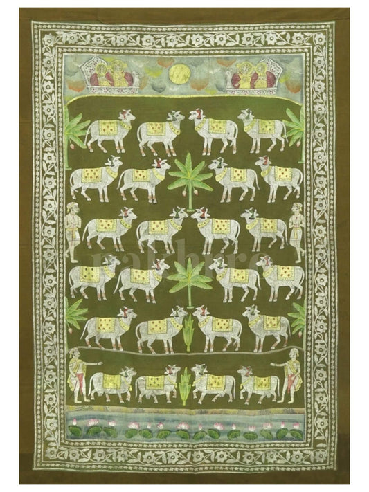 Green Deccan Style Tree Of Life With Cows Pichwai
