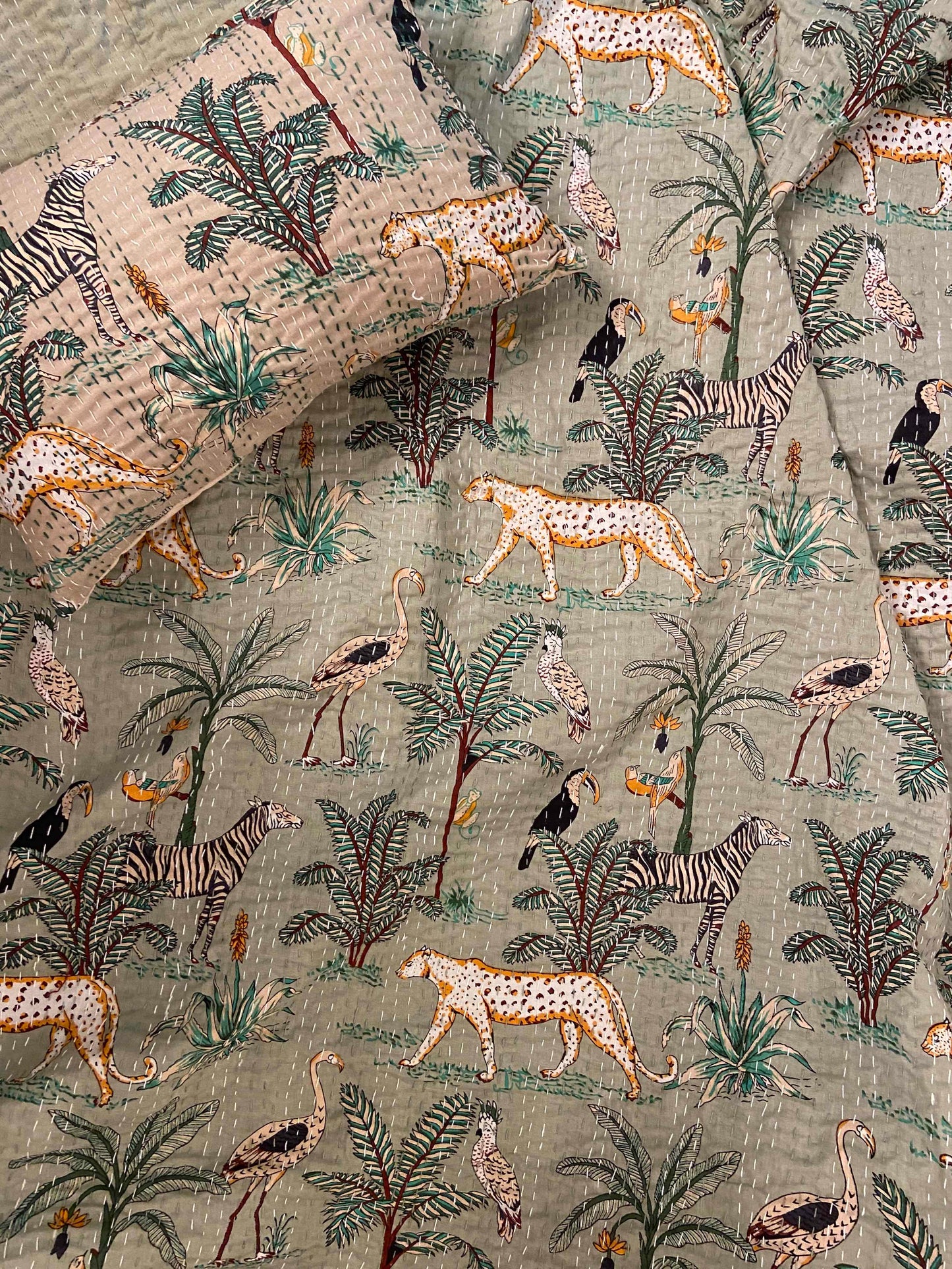 Sage Green Jungle Print Single Bed Hand Embroidered Dohar - Nakhrro