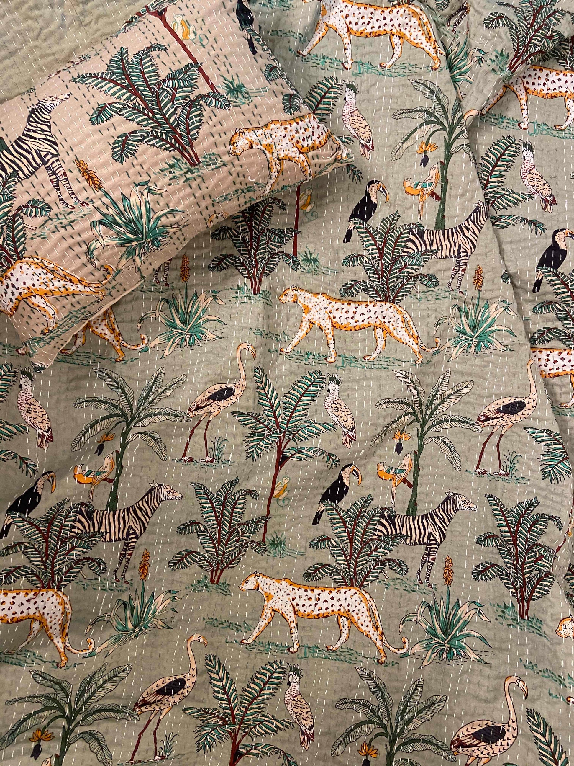 Sage Green Jungle Print Single Bed Hand Embroidered Dohar - Nakhrro